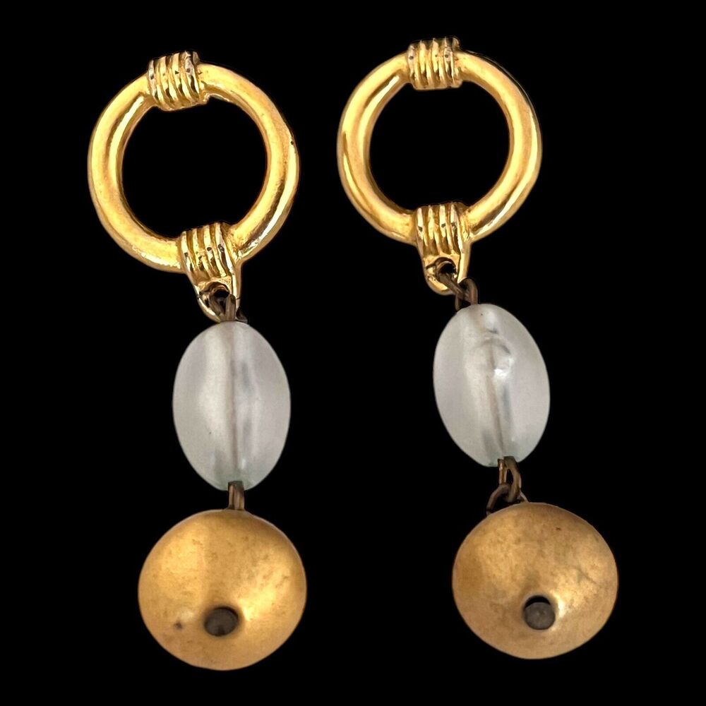 Vintage 1980s Drop Earrings Matte Gold Tone Glass Bead Dangle - 13M